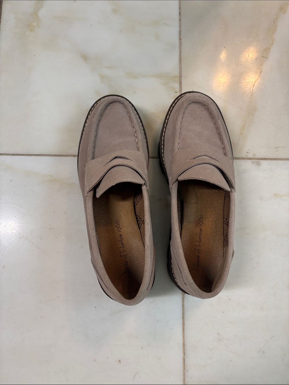 Womens Suede Penny Loafers in Taupe